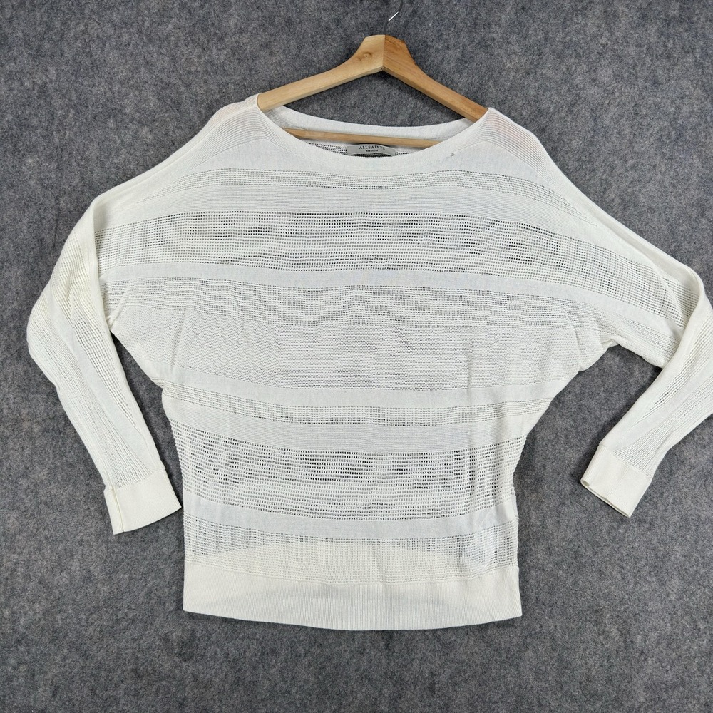 AllSaints Slash Neck Sweater Womens Medium White 100% Cotton Dolman Open Knit